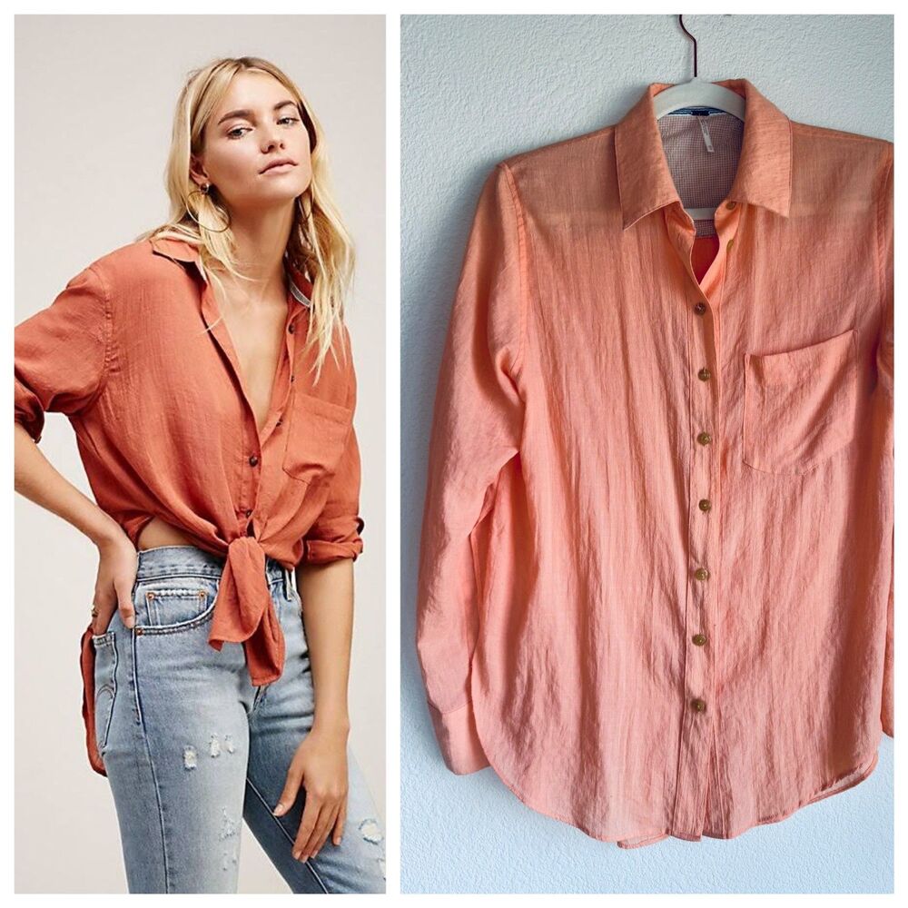 Free People Womens That's a Wrap Button Down Tie Front Shirt in Peach Coral Pink
